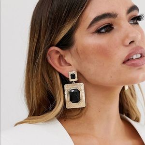 Gold-tone Drop Earrings w/ black stone
